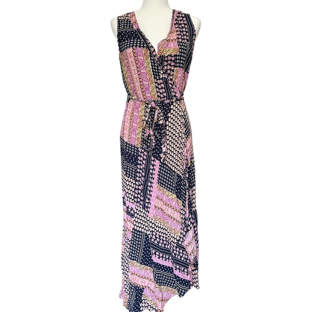 RAGA Hadley Pink and Black Boho Wrap Midi Dress Size Large - Picture 2 of 9